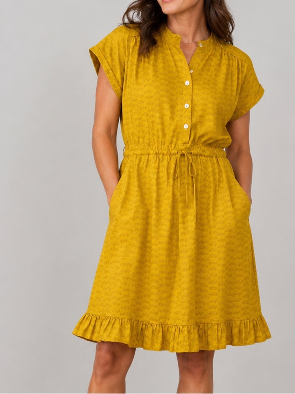 eShakti Mustard Car Print Cotton Dress Drawstring Waist Ruffle Hem Boho Dress
